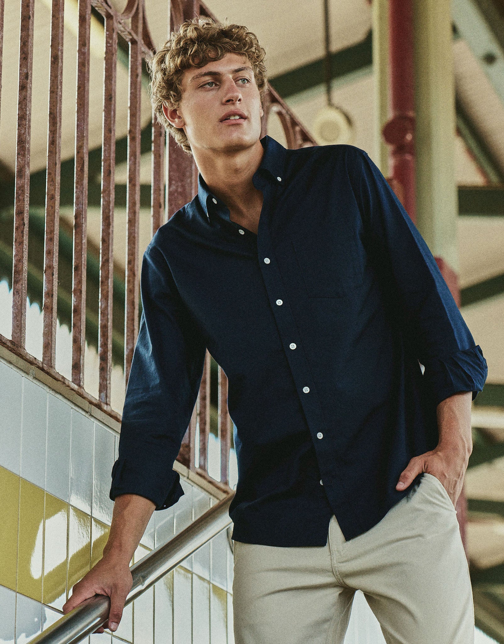 Oxford Stretch Long Sleeve Shirt in Navy | Hallensteins NZ