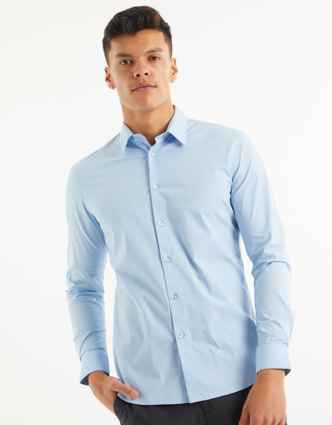 Plain Stretch Slim Fit Dress Shirt in Light Blue | Hallensteins NZ