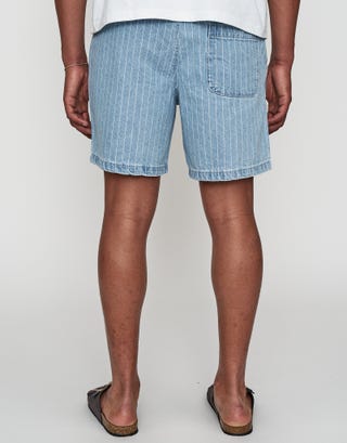 Denim Pinstripe Elastic Waist Shorts in Light Blue Back