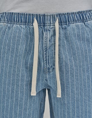 Denim Pinstripe Elastic Waist Shorts in Light Blue Detail