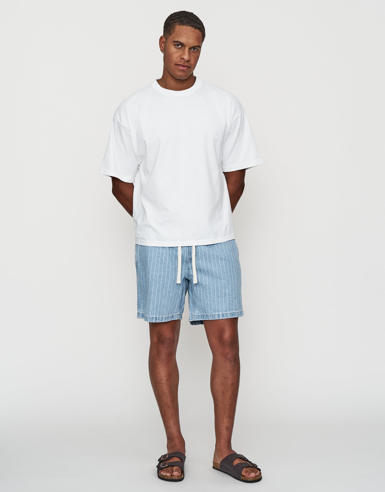 Denim Pinstripe Elastic Waist Shorts in Light Blue | Hallensteins AU