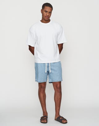 Denim Pinstripe Elastic Waist Shorts in Light Blue Full