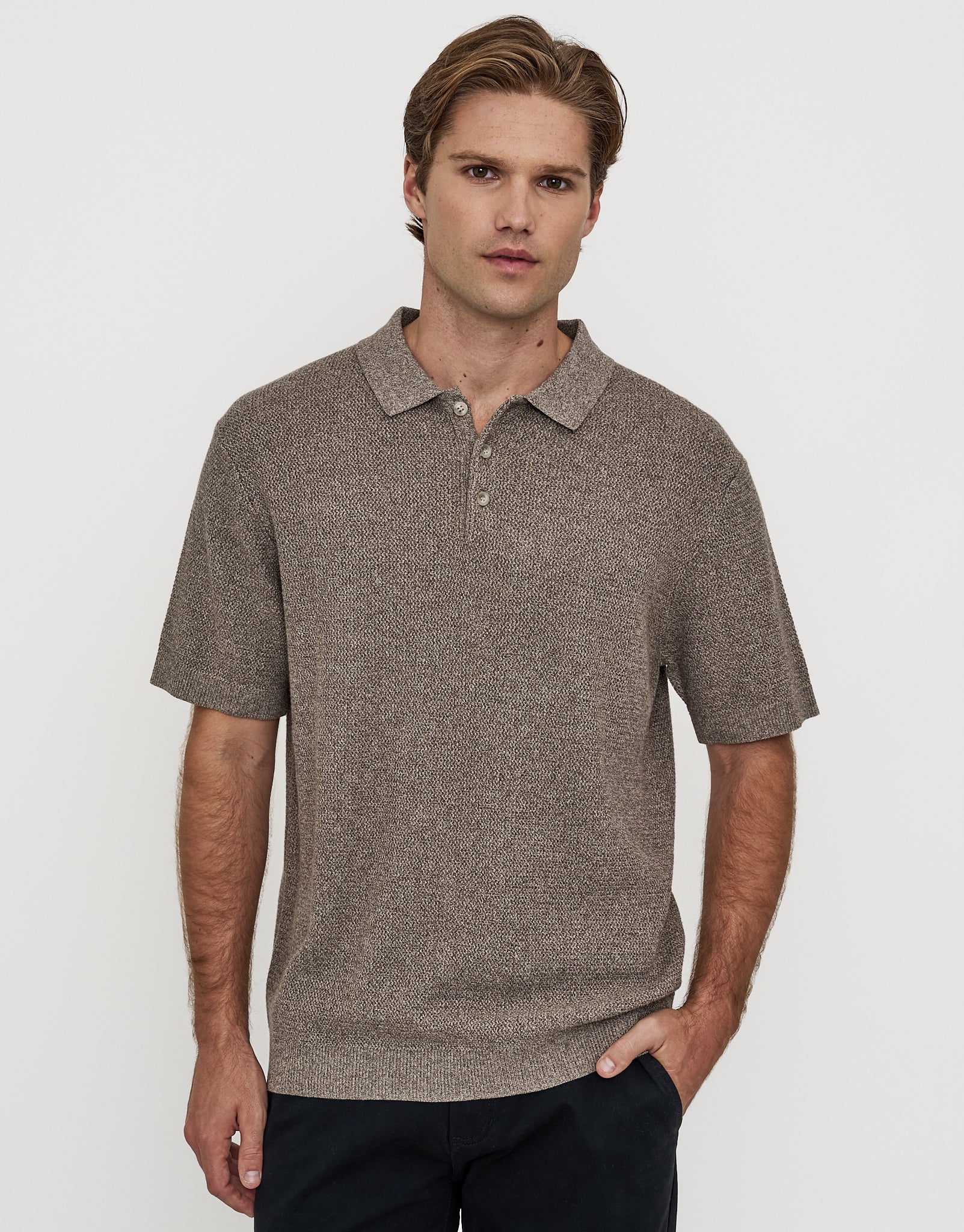 Millburn Knitted Short Sleeve Polo in Oat | Hallensteins NZ