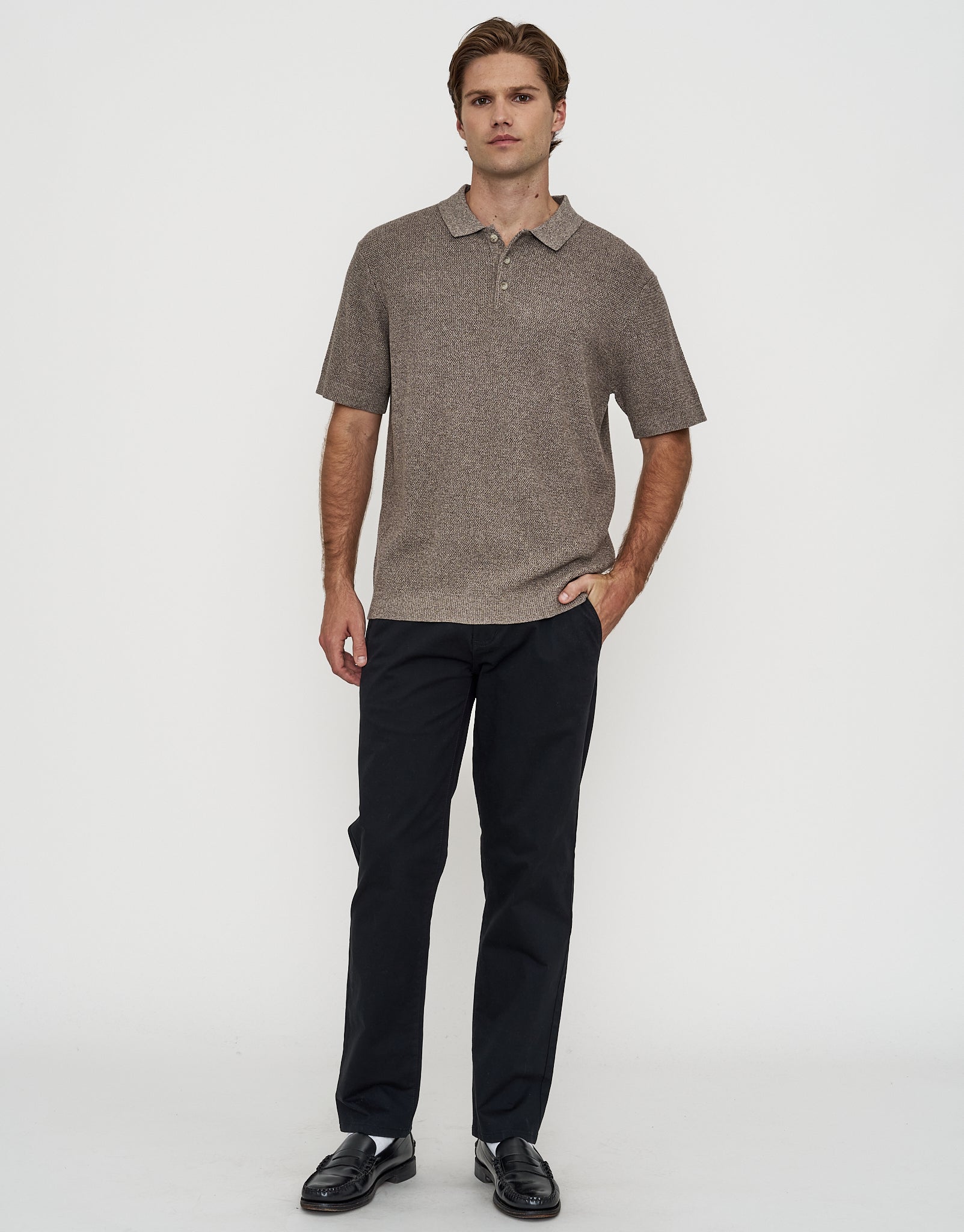 Textured Short Sleeve Knit Polo in Biscuit | Hallensteins AU