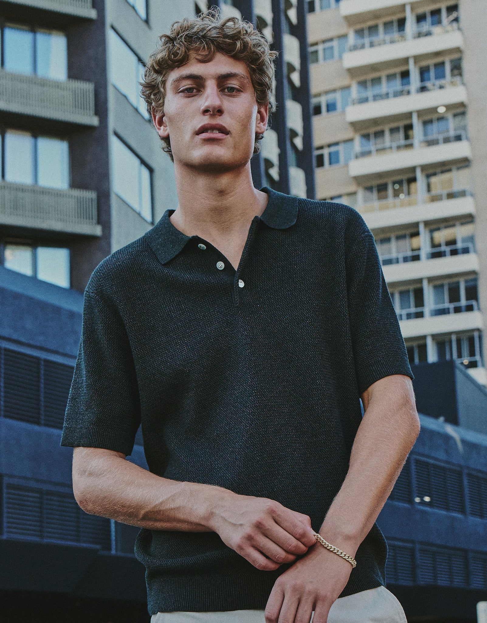 Textured Short Sleeve Knit Polo in Khaki | Hallensteins NZ
