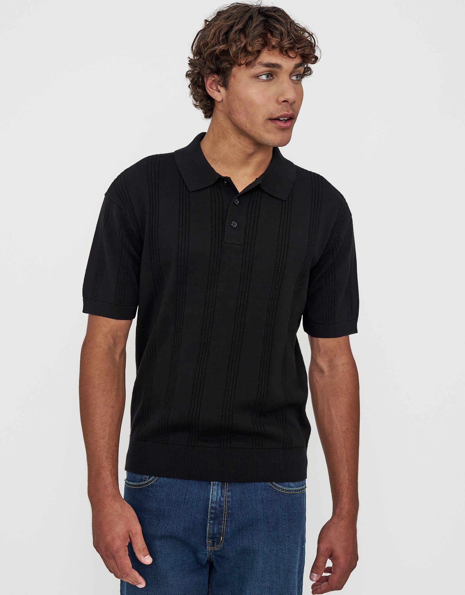 Textured Short Sleeve Polo in Black | Hallensteins NZ