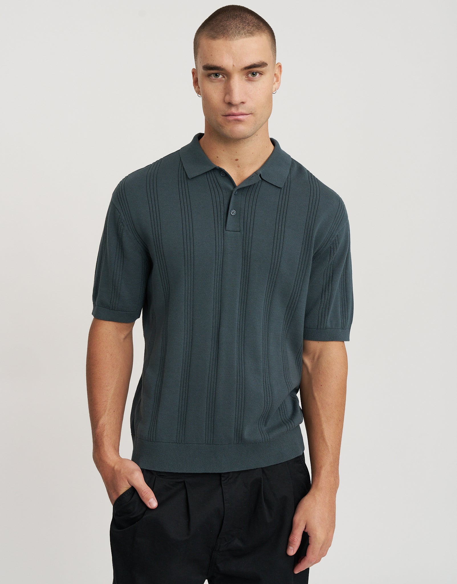 Textured Short Sleeve Polo in Dusty Blue | Hallensteins NZ