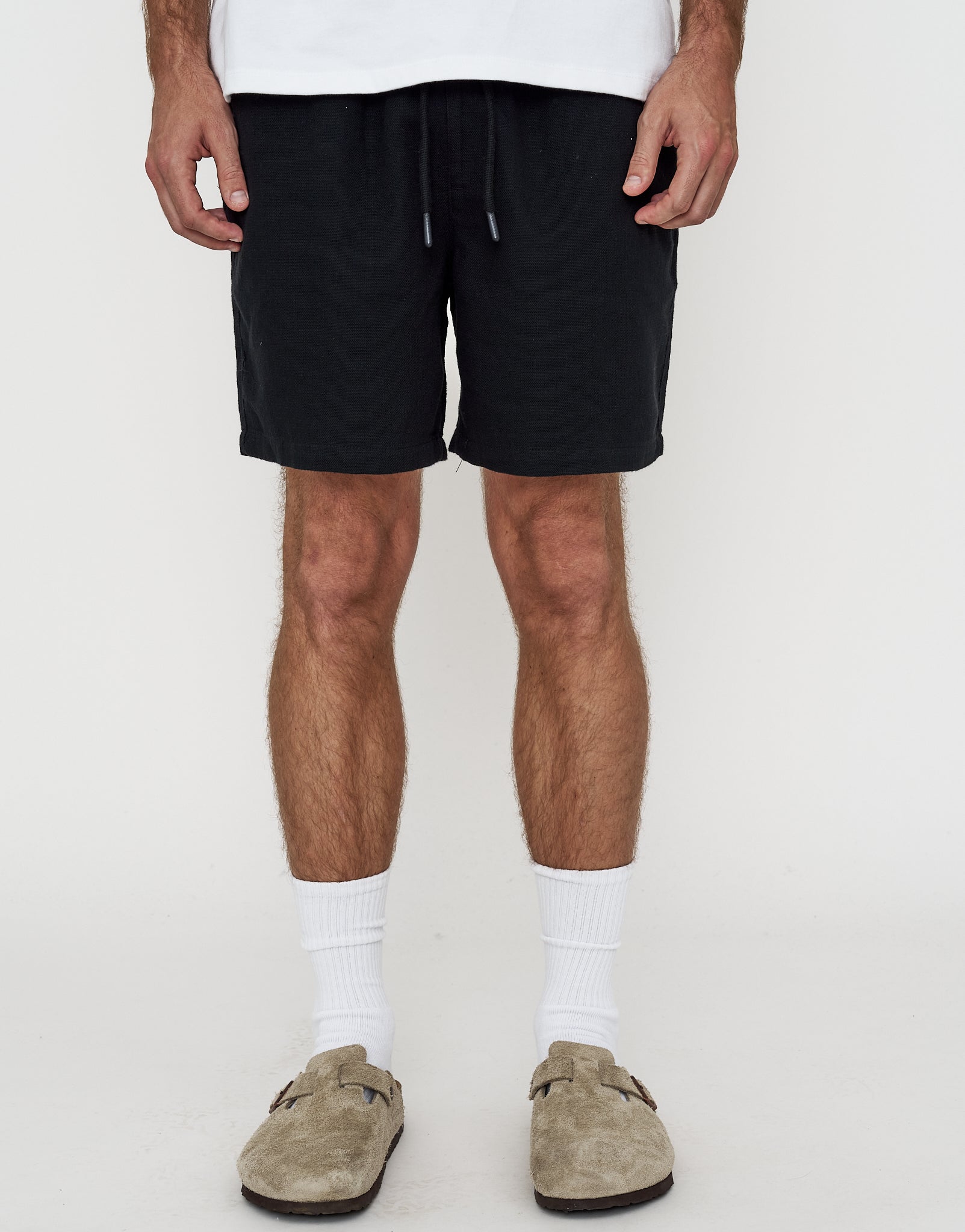 Textured Elastic Waist Shorts in Solid Black | Hallensteins NZ