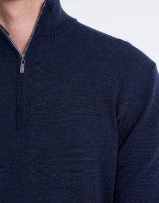 100% Merino Quarter Zip Knit Jumper in Navy Marle Detail