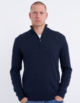 100% Merino Quarter Zip Knit Jumper in Navy Marle Full