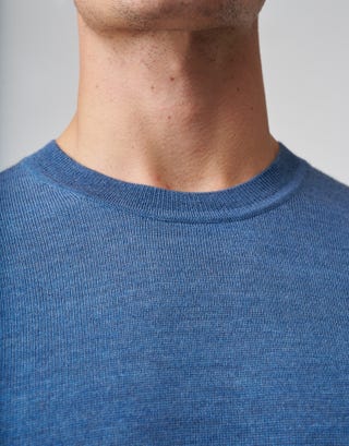100% Merino Crew Neck Knit Jumper in Blue Detail