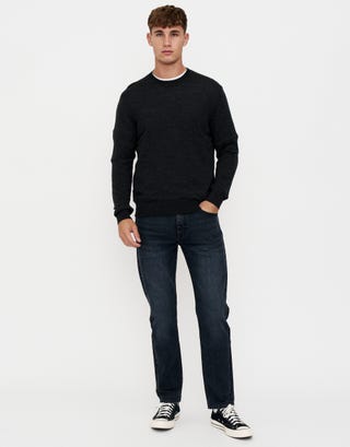 100% Merino Crew Neck Knit Jumper in Charcoal Full