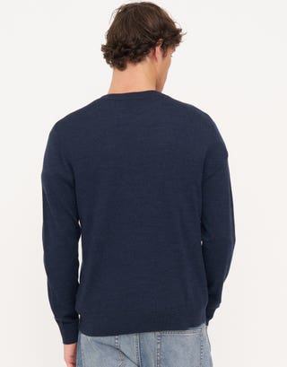 100% Merino Crew Neck Knit Jumper in Navy Marle Back