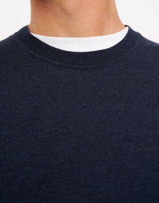 100% Merino Crew Neck Knit Jumper in Navy Marle Detail