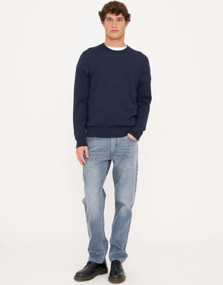 100% Merino Crew Neck Knit Jumper in Navy Marle Full
