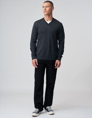 100% Merino V Neck Knit Jumper in Charcoal Full