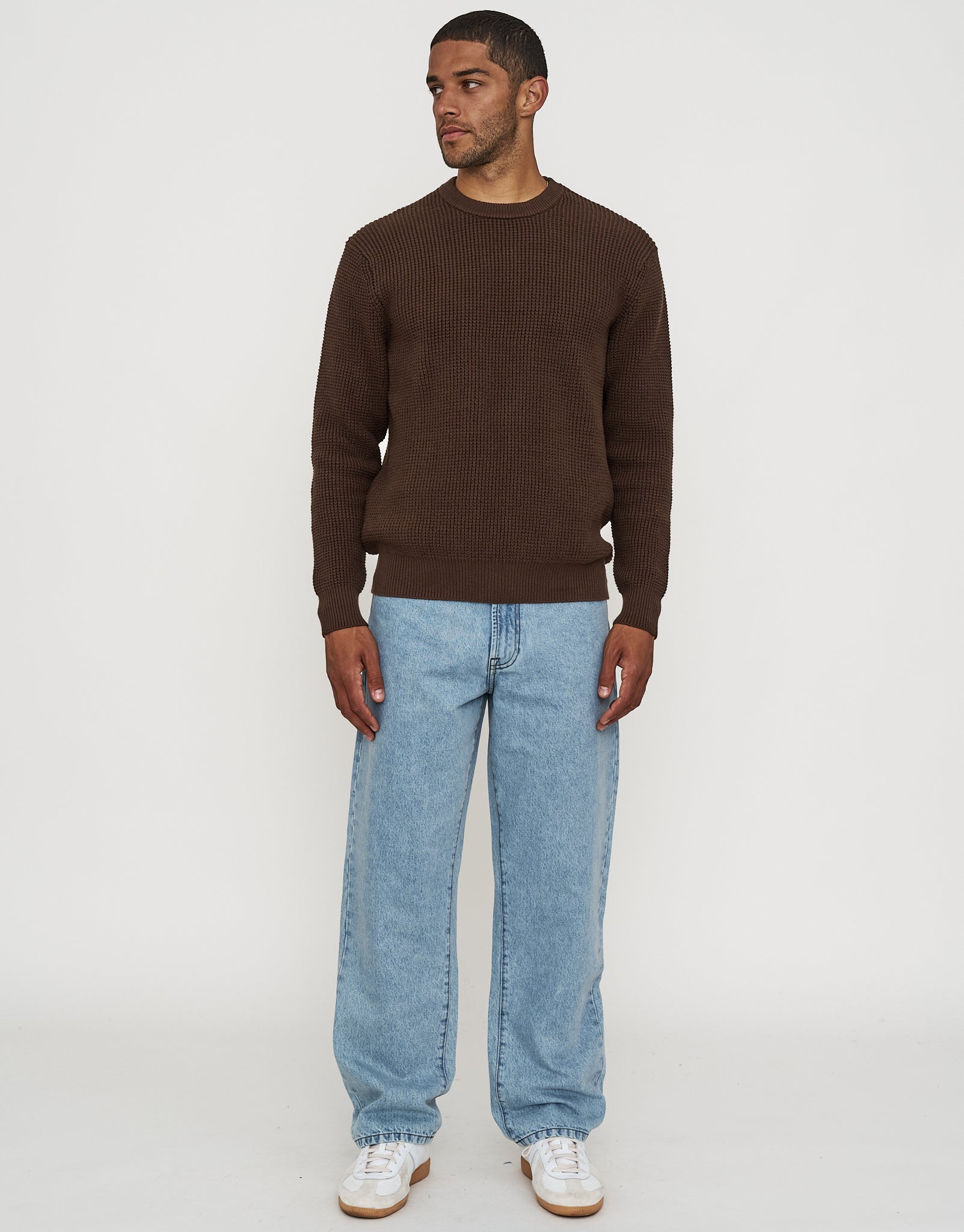 Heavyweight Waffle Crew Knit Jumper in Chocolate | Hallensteins NZ