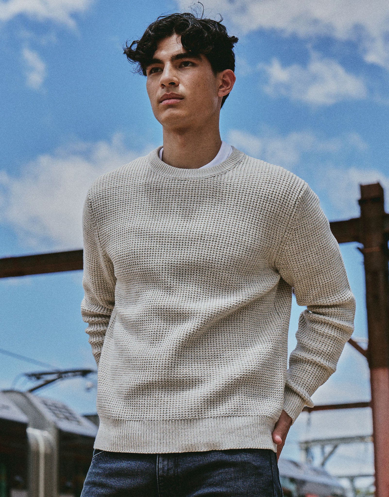 Heavyweight Waffle Crew Knit Jumper in Ecru | Hallensteins NZ