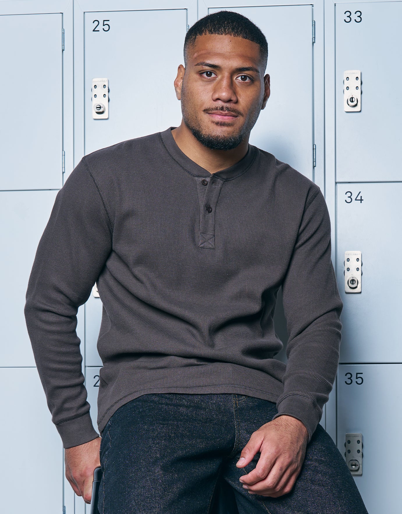 Waffle Relaxed Fit Long Sleeve T Shirt in Pewter Grey