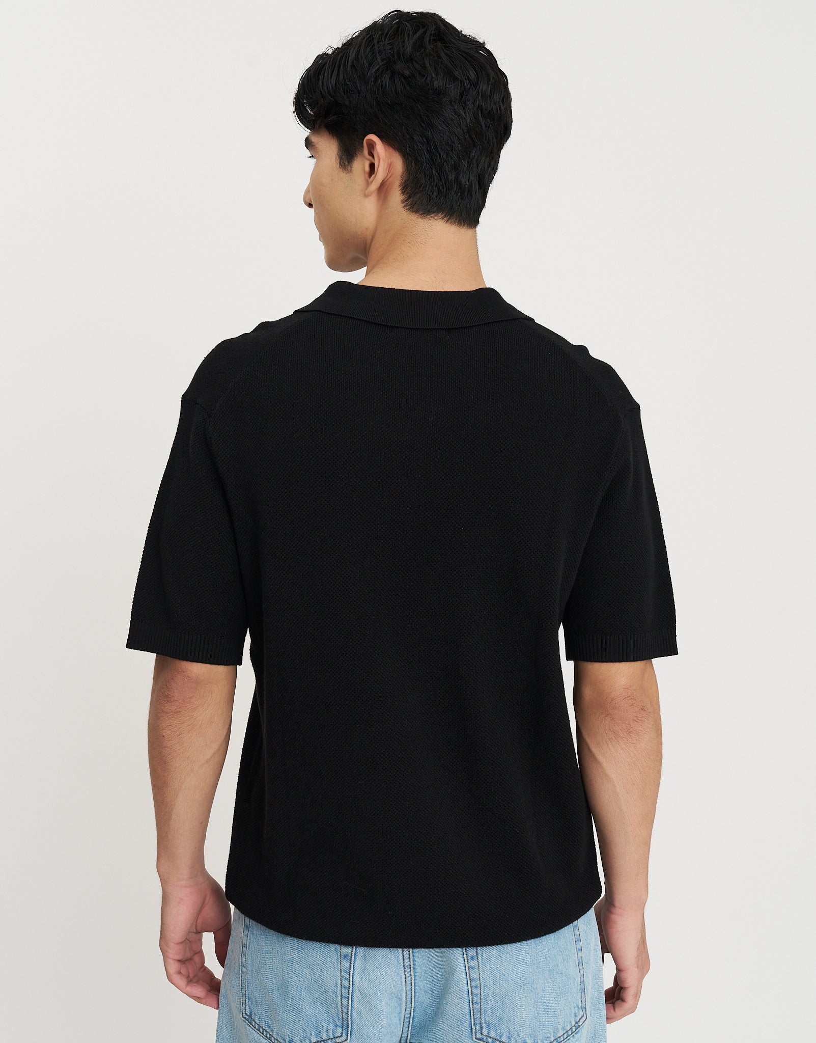 Waffle Knit Short Sleeve Polo in Black | Hallensteins NZ