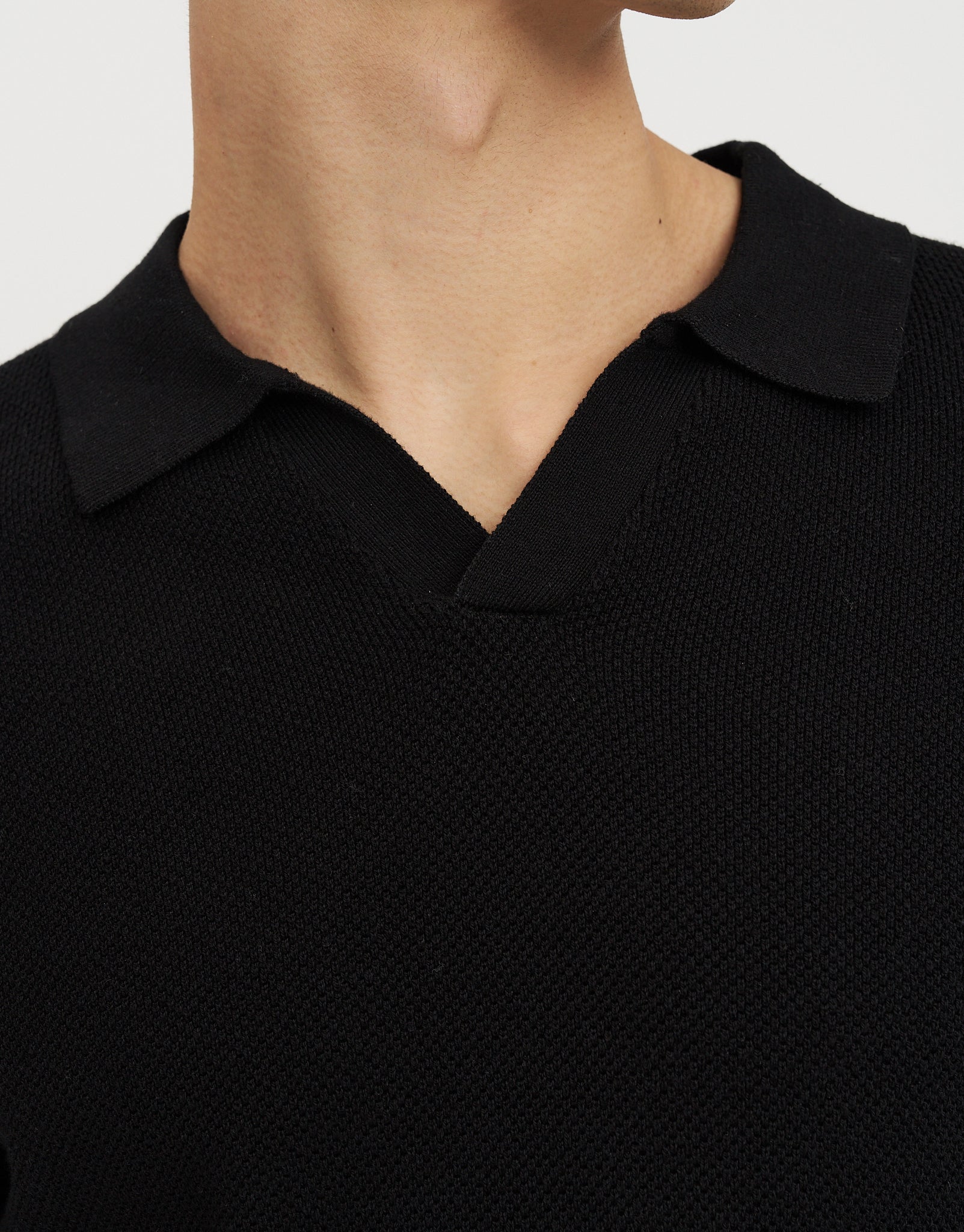 Waffle Knit Short Sleeve Polo in Black | Hallensteins NZ