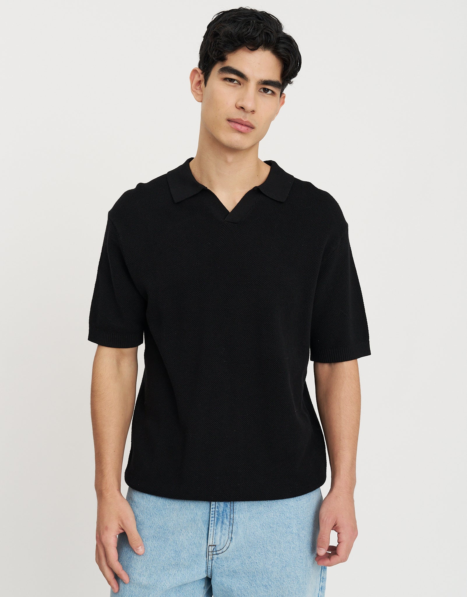 Waffle Knit Short Sleeve Polo in Black | Hallensteins NZ