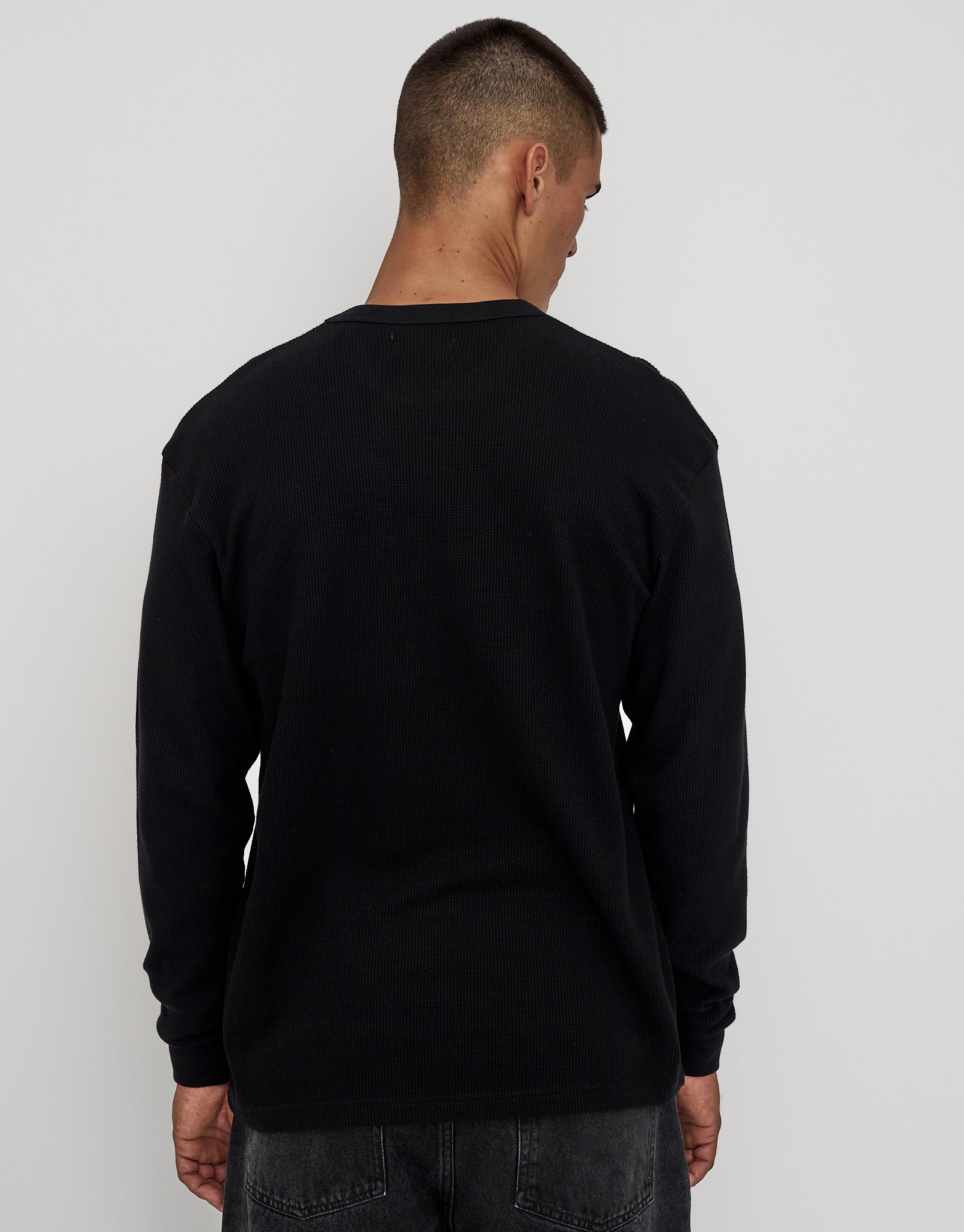 Waffle Relaxed Fit Long Sleeve T Shirt in Black | Hallensteins NZ