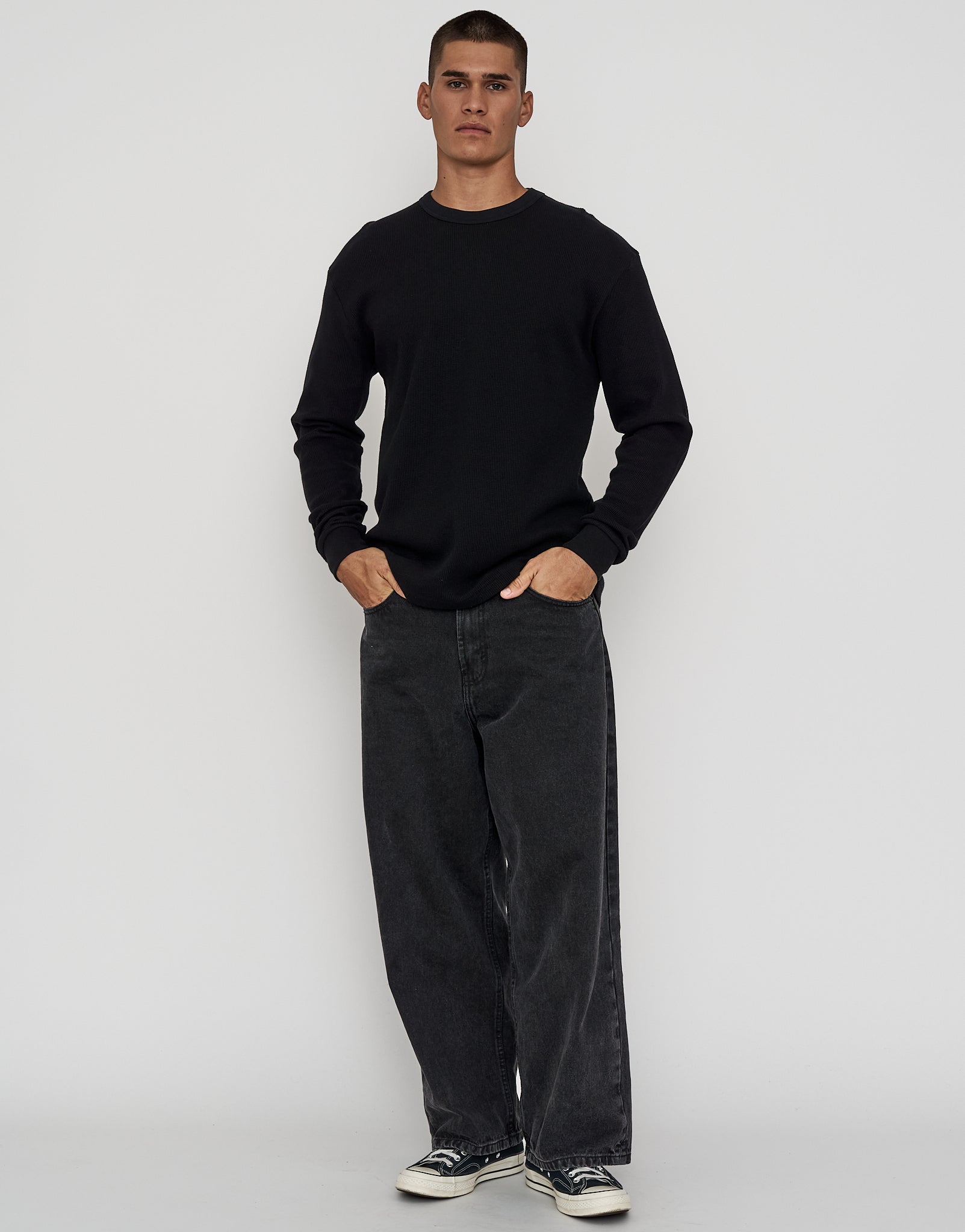 Waffle Relaxed Fit Long Sleeve T Shirt in Black | Hallensteins AU