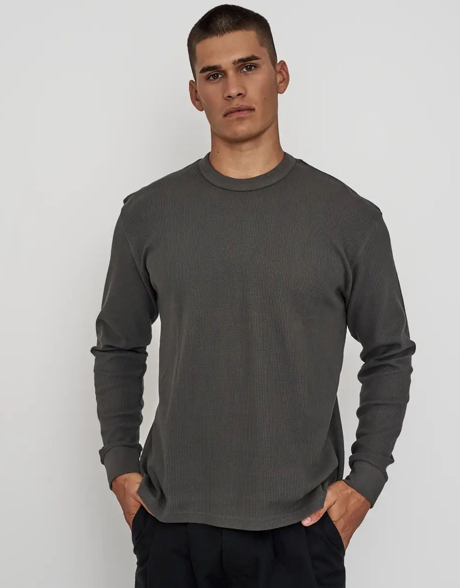 Waffle Relaxed Fit Long Sleeve T Shirt in Pewter Grey