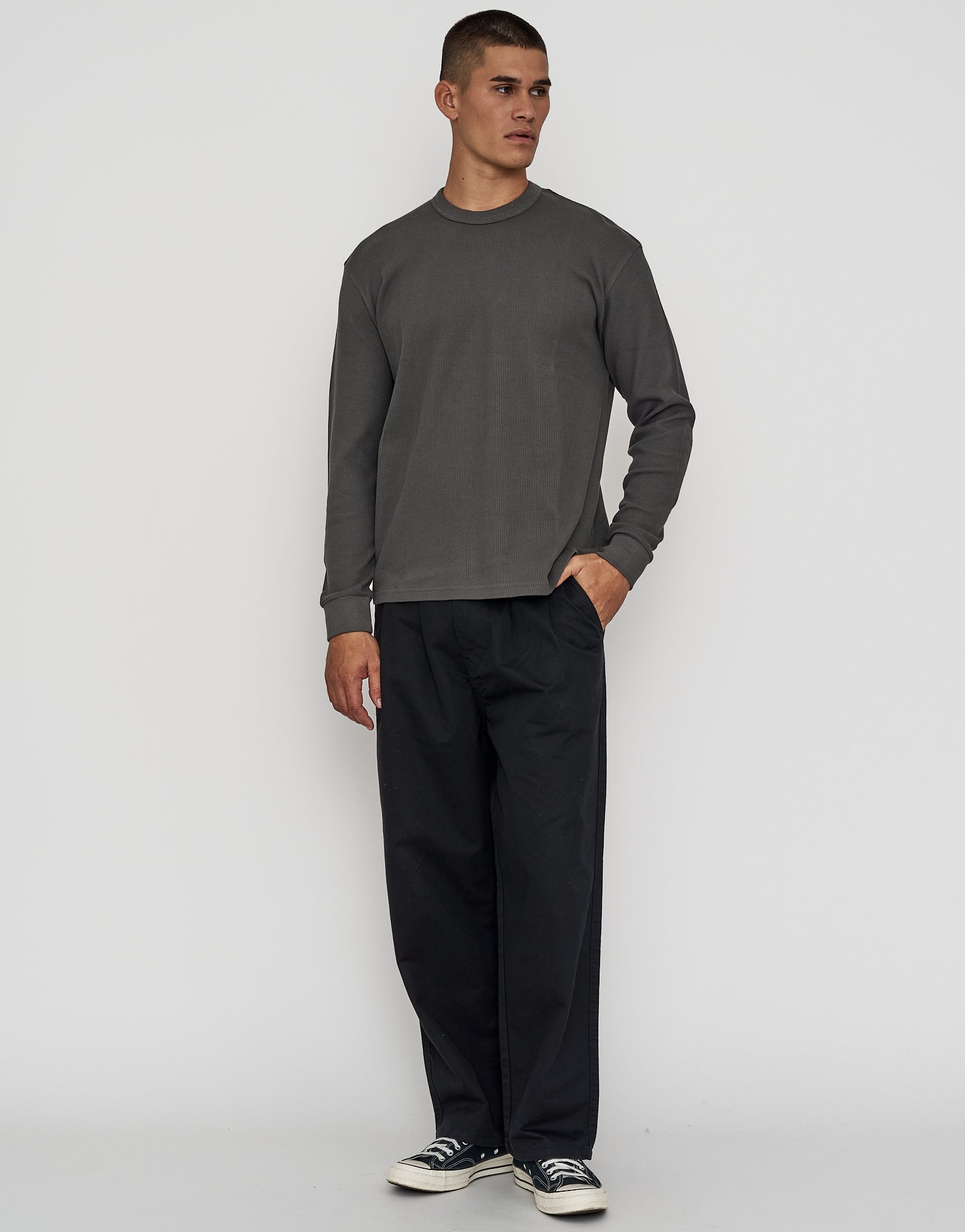 Waffle Relaxed Fit Long Sleeve T Shirt in Pewter Grey