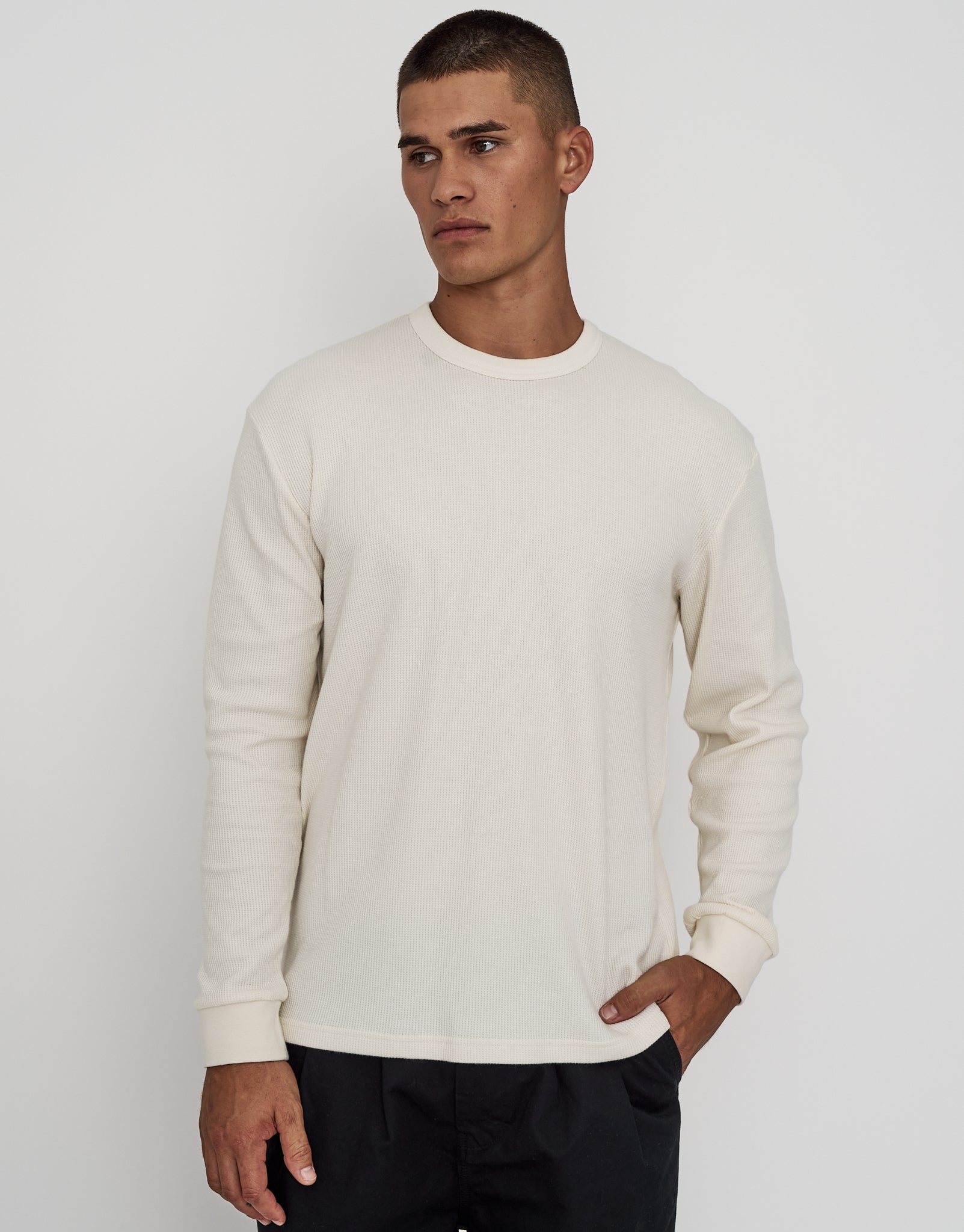 Waffle Relaxed Fit Long Sleeve T Shirt in Snow | Hallensteins AU