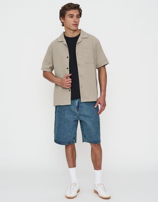 Waffle Textured Relaxed Short Sleeve Shirt in Taupe Full
