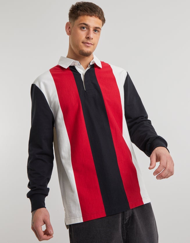 Vertical Stripe Rugby Polo in Red/black/white Hallensteins NZ