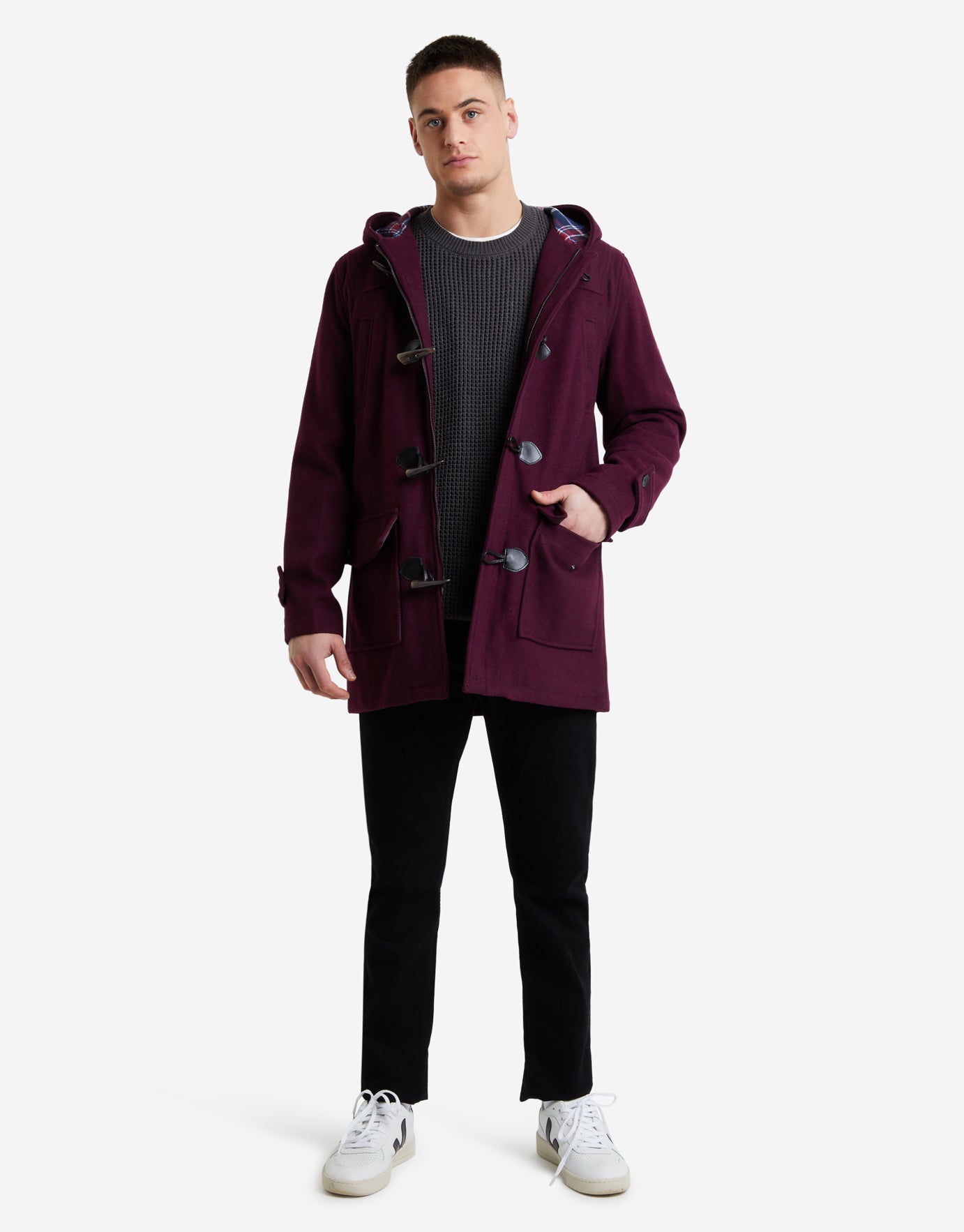 maroon duffle coat